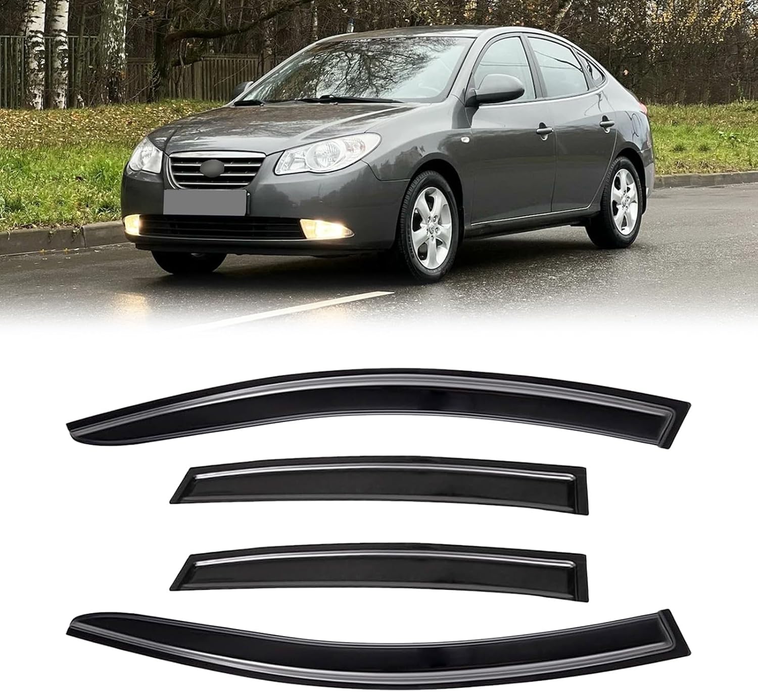 Rain Guards for 2007-2010 Hyundai Elantra Sedan (Excludes Touring Models), Out-Channel Window Visor Shields Vent Deflector Shade Wind Dark Smoke 2008 2009 07 08 09 10, Outside-Mount, 4PCS